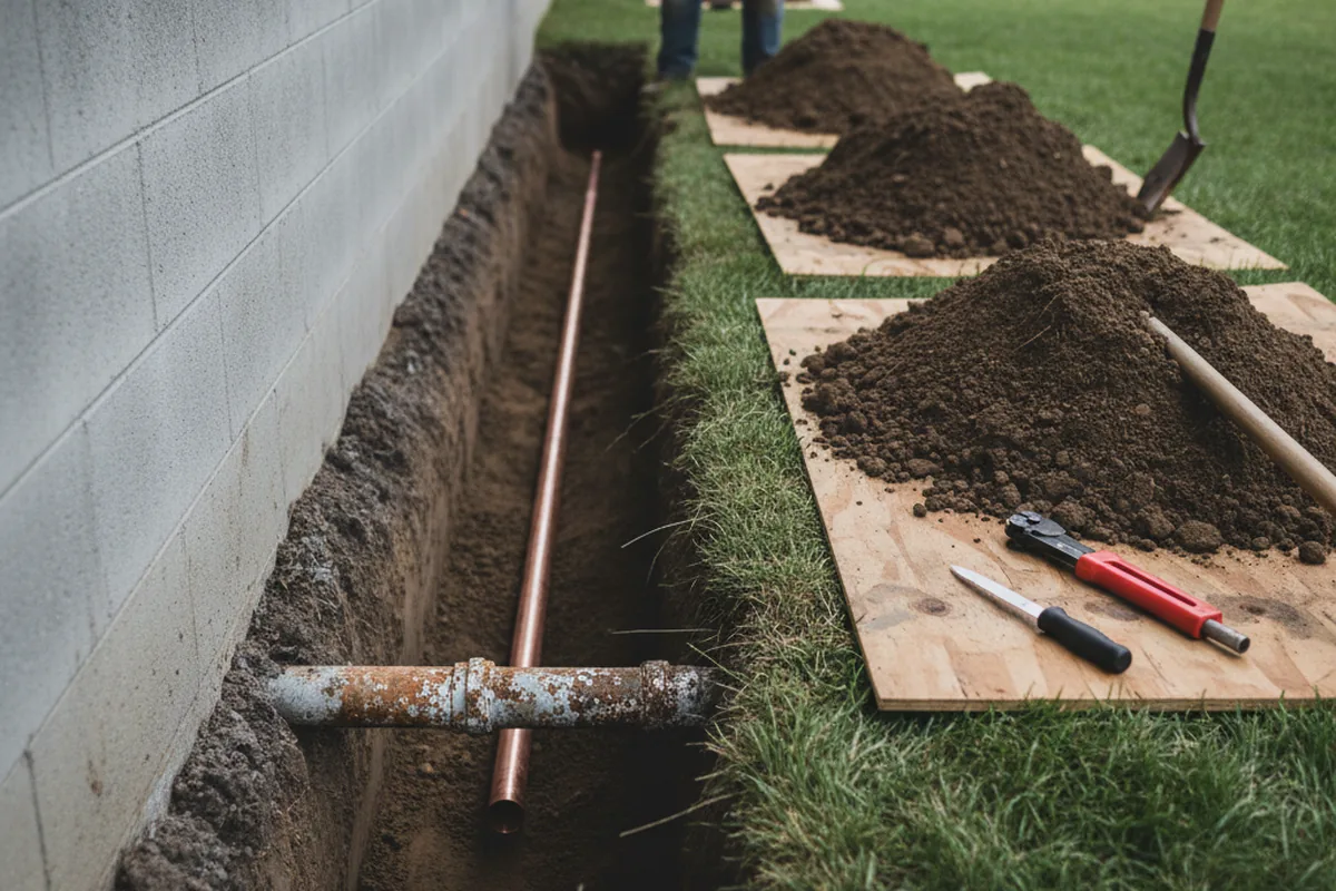 Excavated water line trench during Water Softener Installation in Arlington